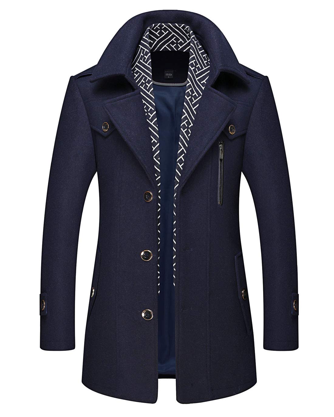 CHARTOU Men's Stylish Scarf Single breasted Wool Walker Coat Thick Winter Jacket-6 Colors (Navy Blue, Medium)