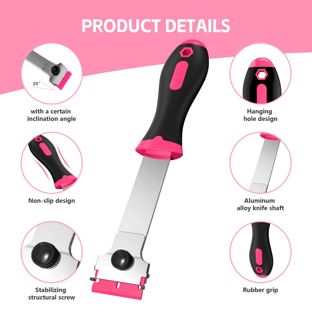Ywmoml 3 Pack Razor Blade Scraper Set, Includes 30 Plastic & 30 Metal Blades, Multi-Purpose Tool for Glass, Cooktop, Sticker Removal, Paint & Gum Cleaning (Pink)
