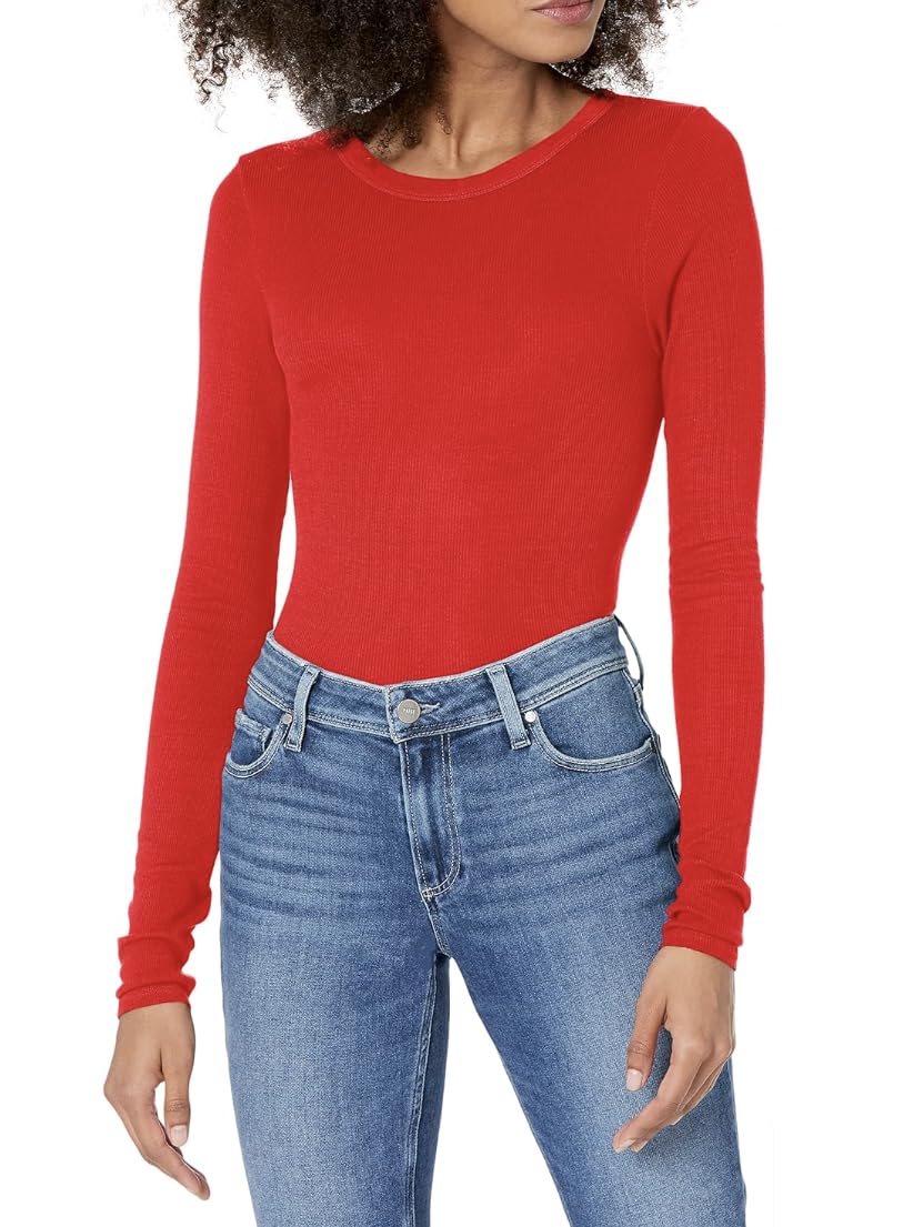 Enza Costa womens Rib Fitted Long Sleeve Crew Neck Top T Shirt, Iconic Red, Small US