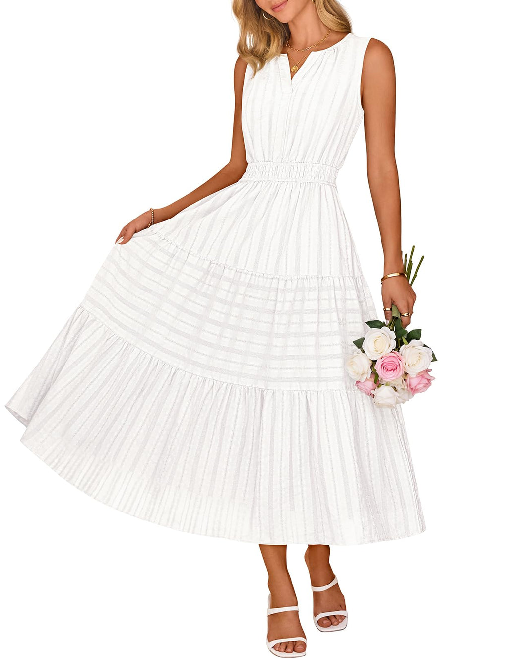 MEROKEETY Summer Spring Midi Maxi Dress for Women 2026 Casual Beach Vacation Sleeveless Boho V Neck Cotton Long Dresses Pockets, White, Small