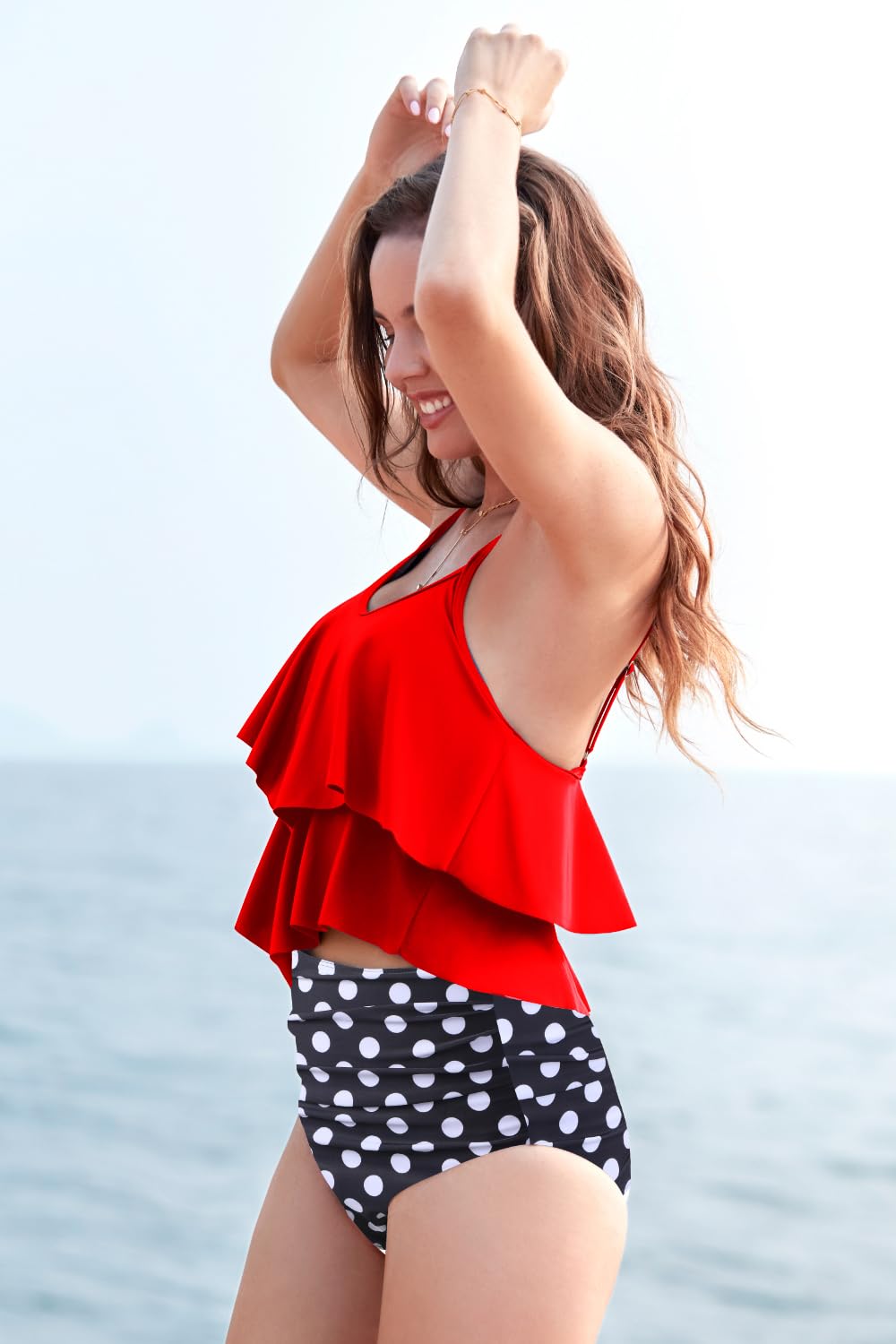 Womens High Waisted Bathing Suits Flounce Halter Tank Top Bikini Bottoms Tummy Control Modest Swimwear Two Piece Swimsuits Tankini Red Polka L