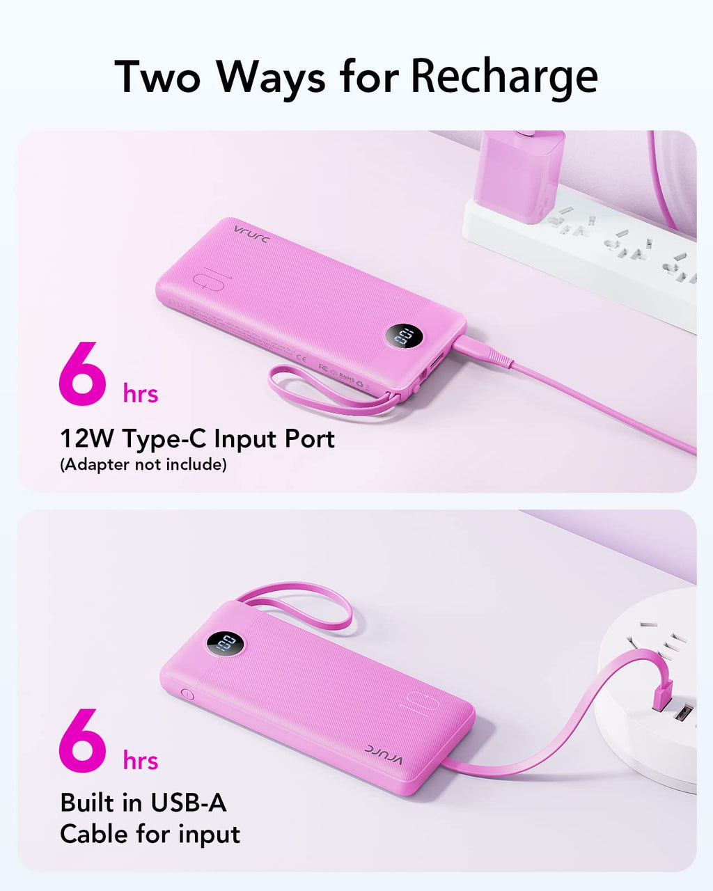 VRURC Power Bank for iPhone, Compact Portable Charger Built in Cables, 10000mAh Flight-Safe Battery Pack,5 Output USB C External Phone Charger for iPhone 17 Pro 17 16 15 14 13,Samsung-Purple(1 Pack)