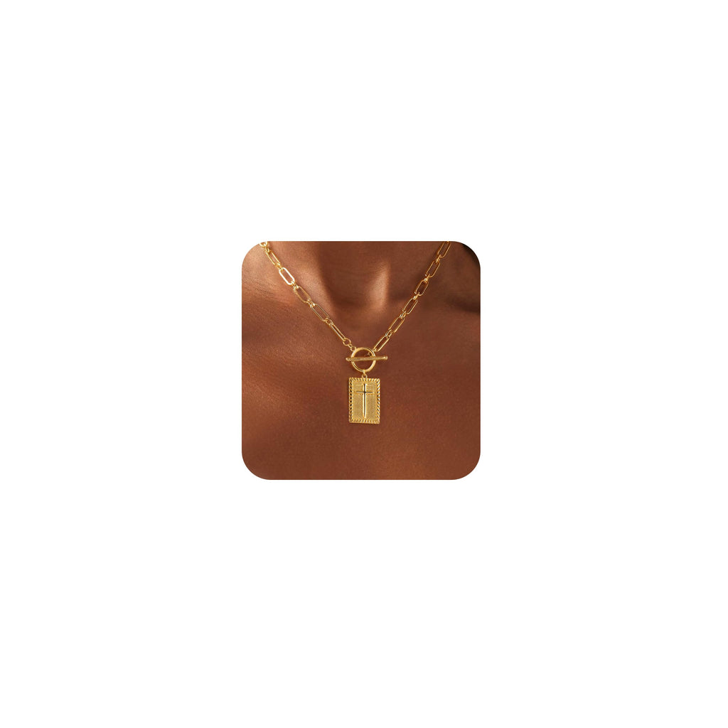 Carffordo Cross Necklace for Women - Dainty 14K Gold Plated Cross Pendant Necklaces Trendy Toggle Clasp Paperclip Chain Simple Religious Jewelry Christmas Gift