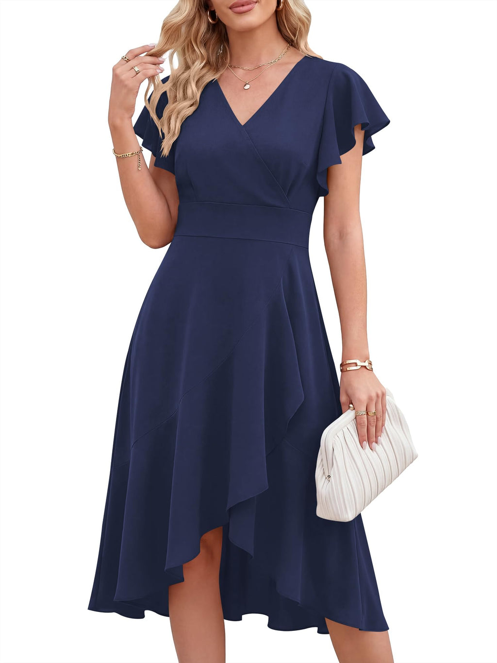 ANRABESS Womens Cocktail Dress Semi Formal Wedding Guest Wrap Midi Dresses Summer Western A Line High Low Ruffled Dress Dark Blue X-Large