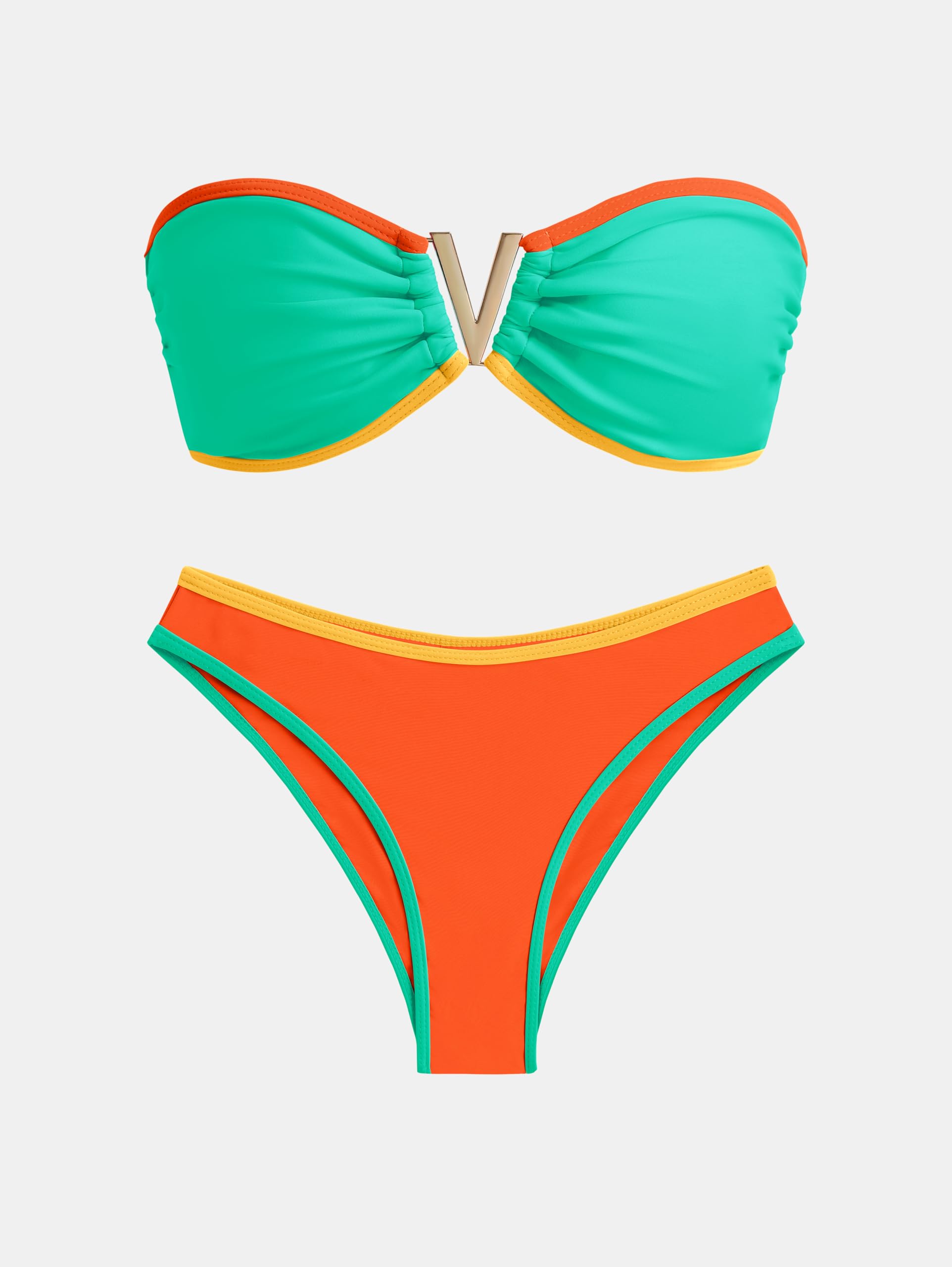 ZAFUL Women's Bandeau Bikini V Strapless Confetti Colorblock Tie Back High Cut Two Piece Swimsuit Bathing Suits (1-Green, M)