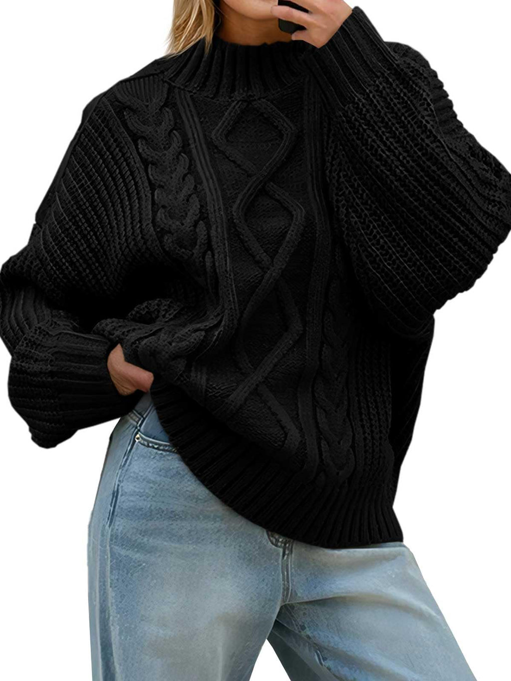 Saodimallsu Womens Oversized Cable Knit Sweaters 2025 Fall Winter Trendy Button Up Turtleneck Chunky Pullover Sweater Tops Black