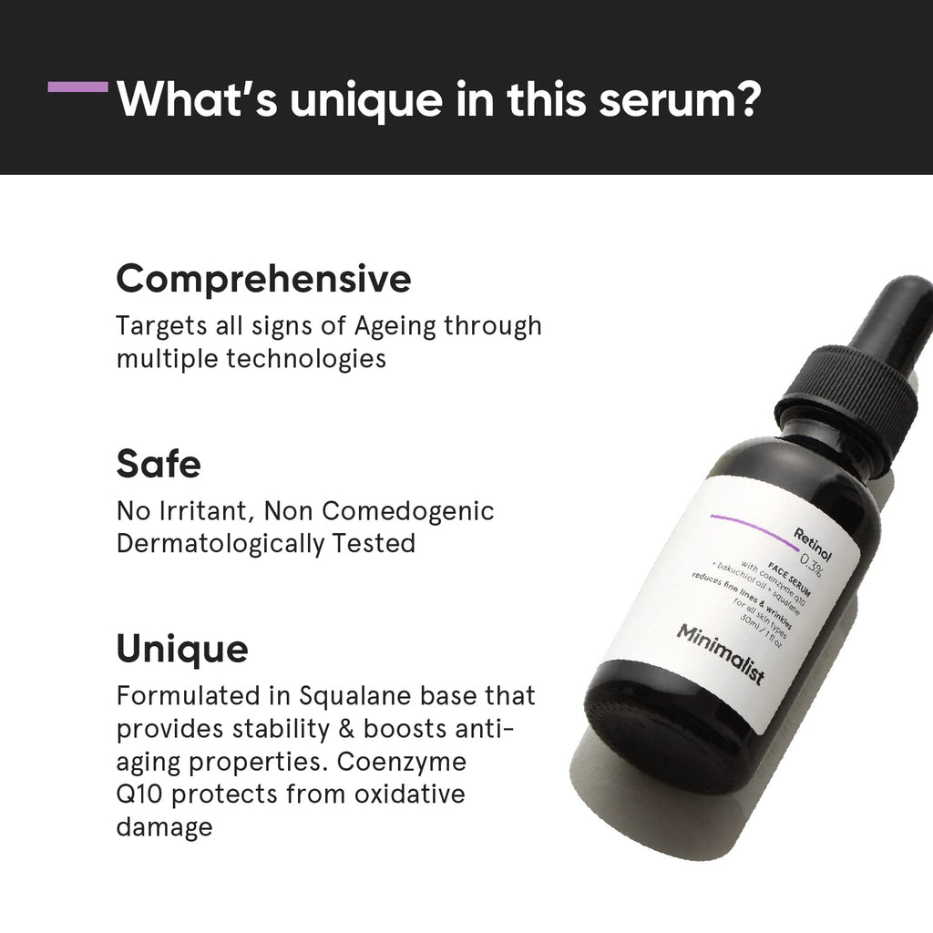 Minimalist 0.3% Retinol Serum with Bakuchiol Oil For Anti Aging | Night Face Serum With Squalane Base & Coenzyme Q10 To Reduce Fine Lines & Wrinkles | For Women & Men | 1 Fl Oz / 30 ml