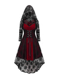ROSE GAL Womens Plus Size 2pcs Witch Halloween Costume Gothic Lace Hooded Lace-up High Low Hem Long Top and Crisscross Strappy Cami Dress(Red/3X)