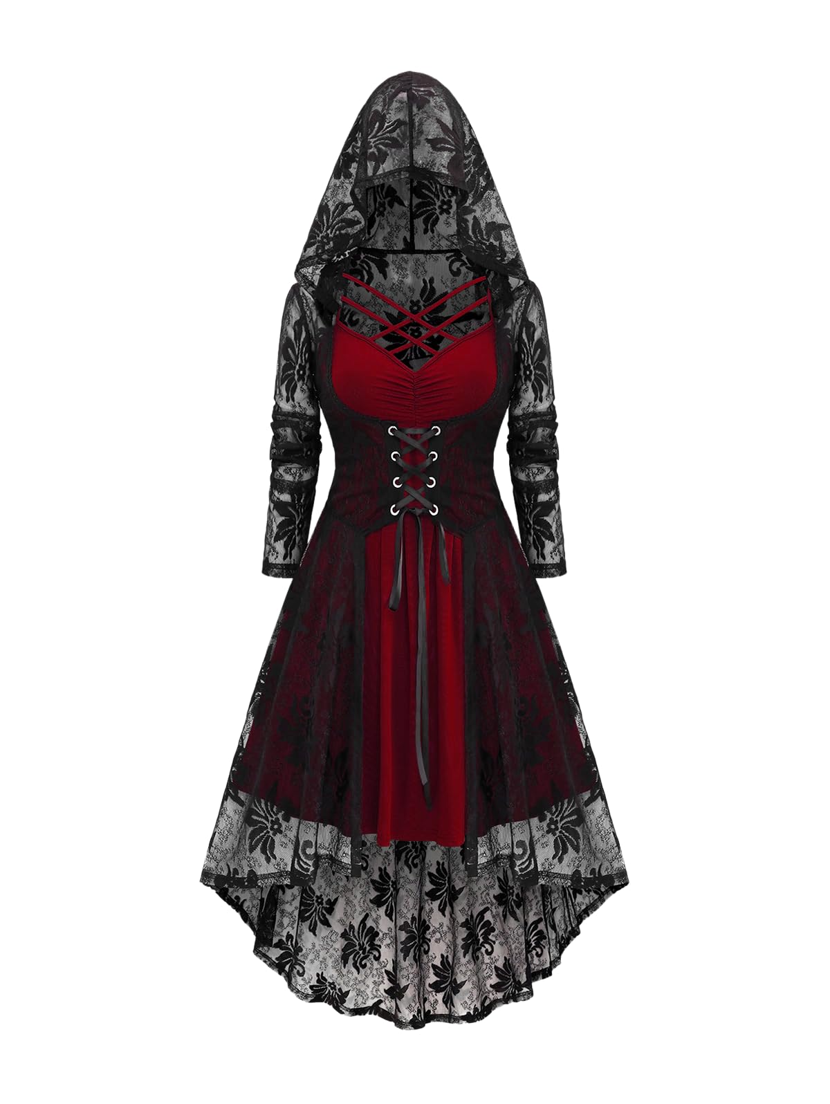 ROSE GAL Womens Plus Size 2pcs Witch Halloween Costume Gothic Lace Hooded Lace-up High Low Hem Long Top and Crisscross Strappy Cami Dress(Red/3X)