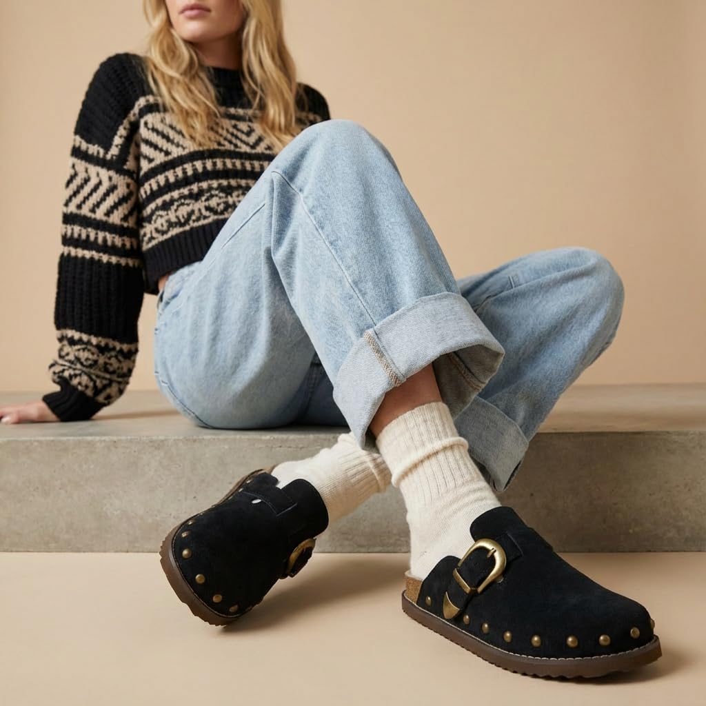 CUSHIONAIRE Bronco Slip On Mule Womens Shoes – Genuine Suede Leather Clogs with Adjustable Buckle and Studded Detailing, Stylish Shoes for Women, Black 11W