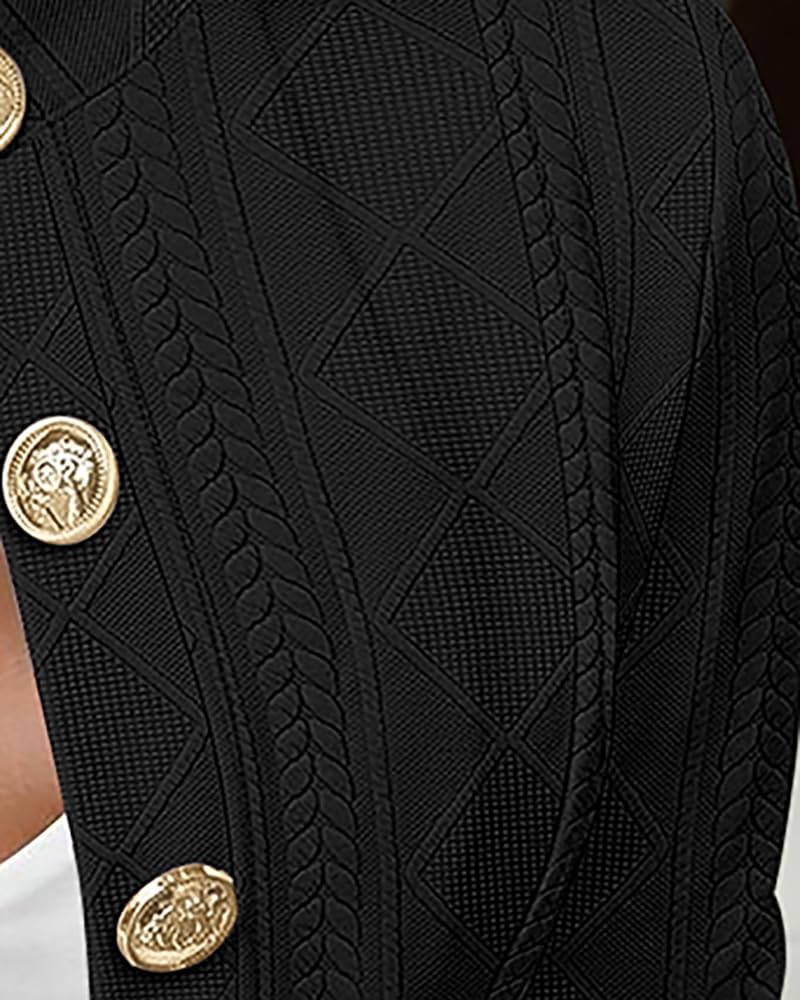CHICME Women Argyle Cable Cardigan Casual Lightweight Cropped Coat Stand Collar Long Sleeve Metal Button Front Fall Black Jackets-M