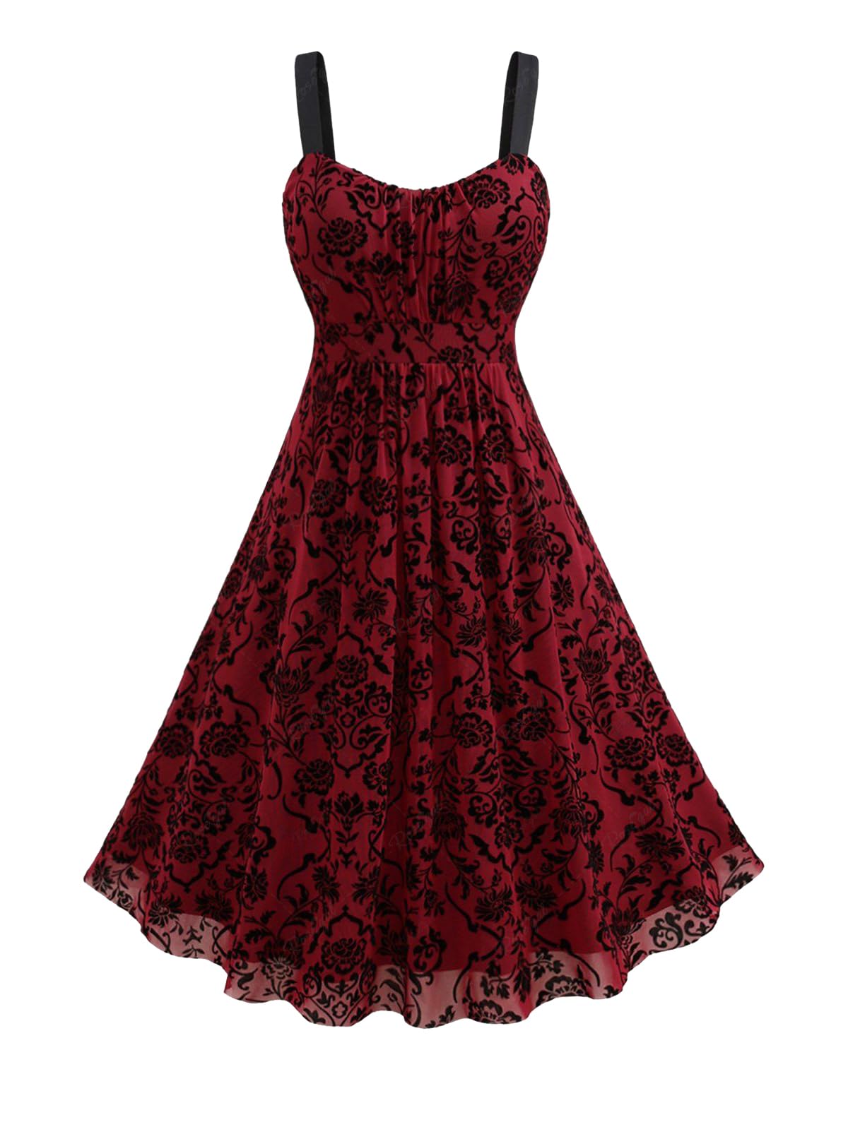 ROSE GAL Rosegal Women Plus Size Gothic Flower Midi Dress Layered Ruched Mesh Backless Vintage Dress Sleeveless Flocking Goth Dress(Red_1/1X)