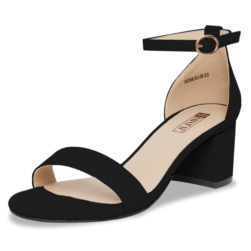 IDIFU Women's Cookie-LO Low Block Heels Chunky Sandals Ankle Strap Wedding Dress Pump Shoes(Black Nubuck, 8.5)