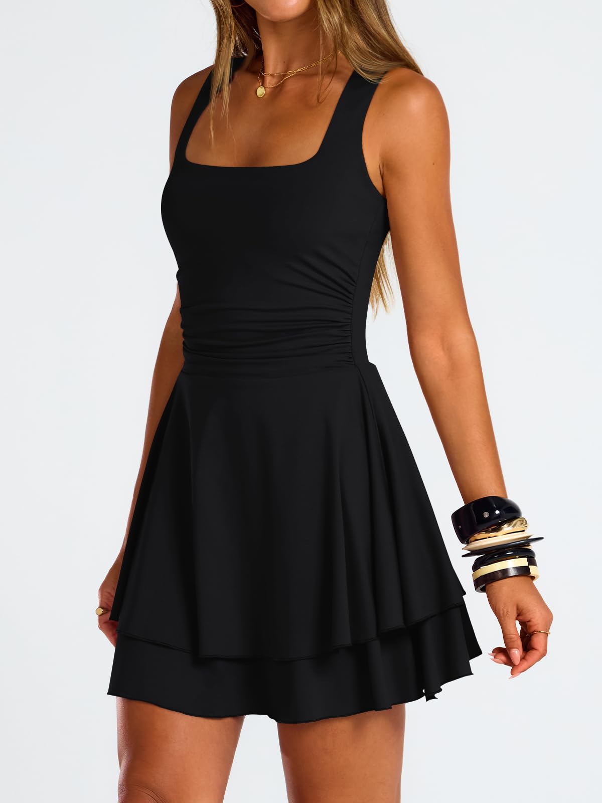 Trendy Queen Womens Mini 2026 Summer Spring Party Cruise Beach Vacation Clothes Outfit Athletic Resort Wear Date Night Teen Cute Flowy Sun Sundress Ruched Birthday Homecoming Short Dress Black