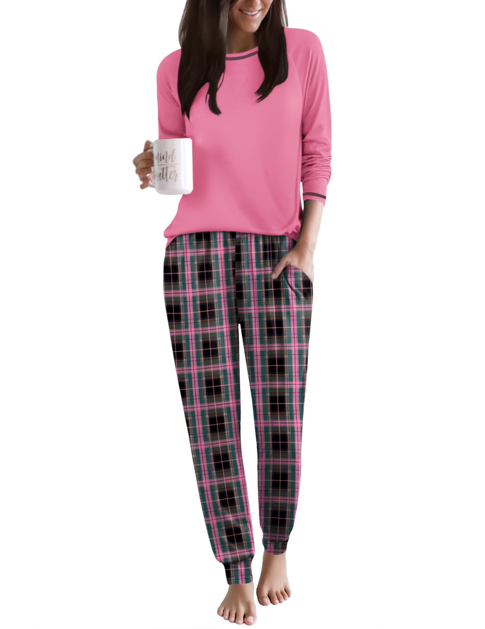 Ekouaer Women Pajama Sets 2 Piece Long Sleeves and Joggers Sleepwear Set Soft Pjs Lounge Set with Pockets Pink Plaid XL