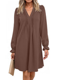 Dokotoo Womens Spring Dress V Neck Sexy Elegant Plus Size Shirt Dresses Long Puff Sleeve Fall Dresses Classy Brown Midi Dress for Beach Party Work Outfit Large