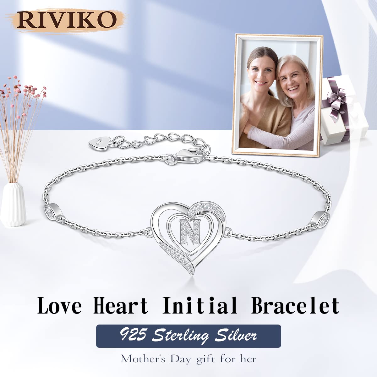 RIVIKO Heart Initial Bracelets for Women, 925 Sterling Silver Letter N Bracelets,Mothers Day Gifts for Wife