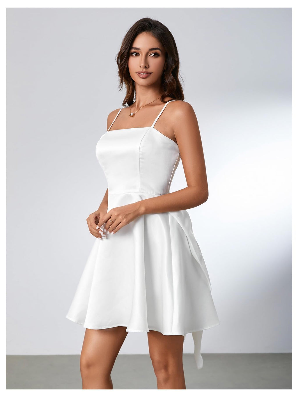 WDIRARA Women's Satin Bow Homecoming Dresses Spaghetti Strap Wedding Guest Gown Summer Mini Dress A White