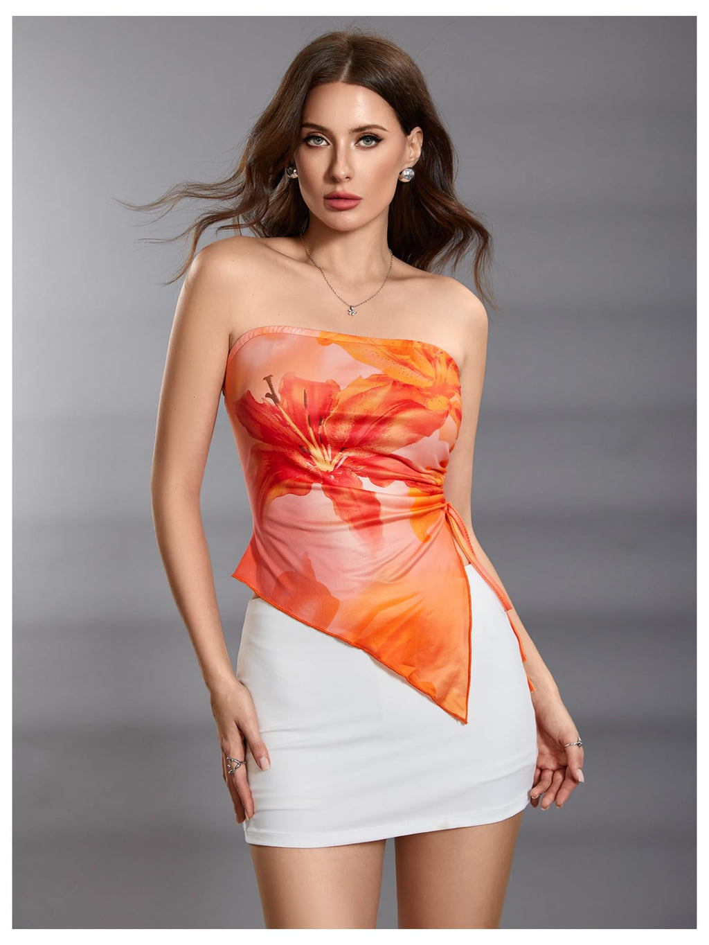 WDIRARA Women's Floral Mesh Strapless Side Ruched Tube Top Asymmetrical Hem Bandeau Crop Tops Orange X-Large