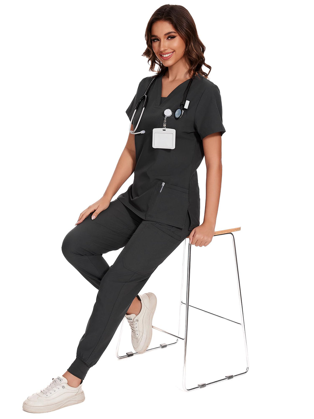 COZYFIT Scrubs for Women - V-Neck Top & Cargo Pants Scrubs Set with 10 Pockets - Dark Grey, XS