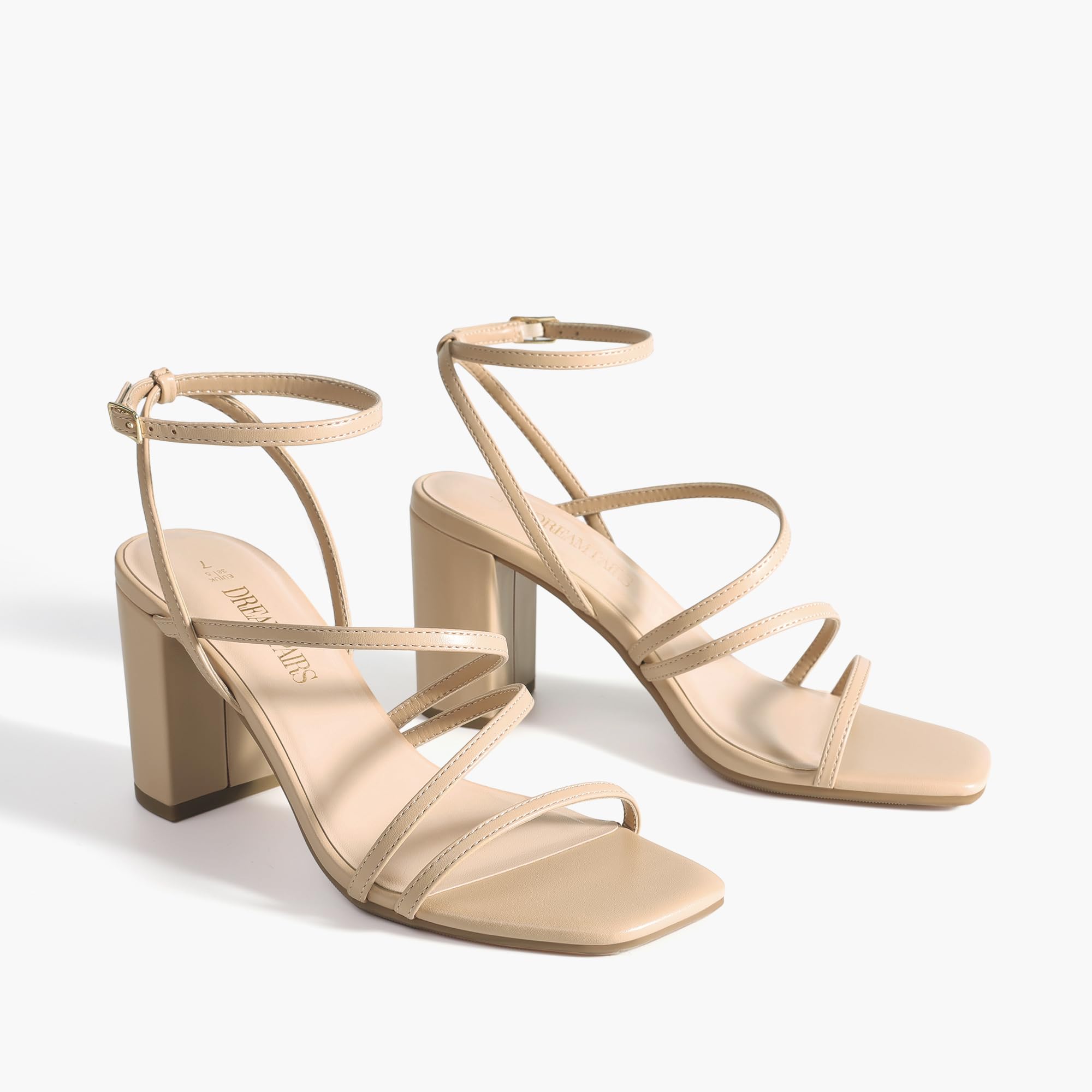 DREAM PAIRS Women's Heels Chunky Block Strappy Square Open Toe Ankle Buckle Heeled Sandals Wedding Party Dress Shoes Indie,Size 6,Nude,SDHS2428W