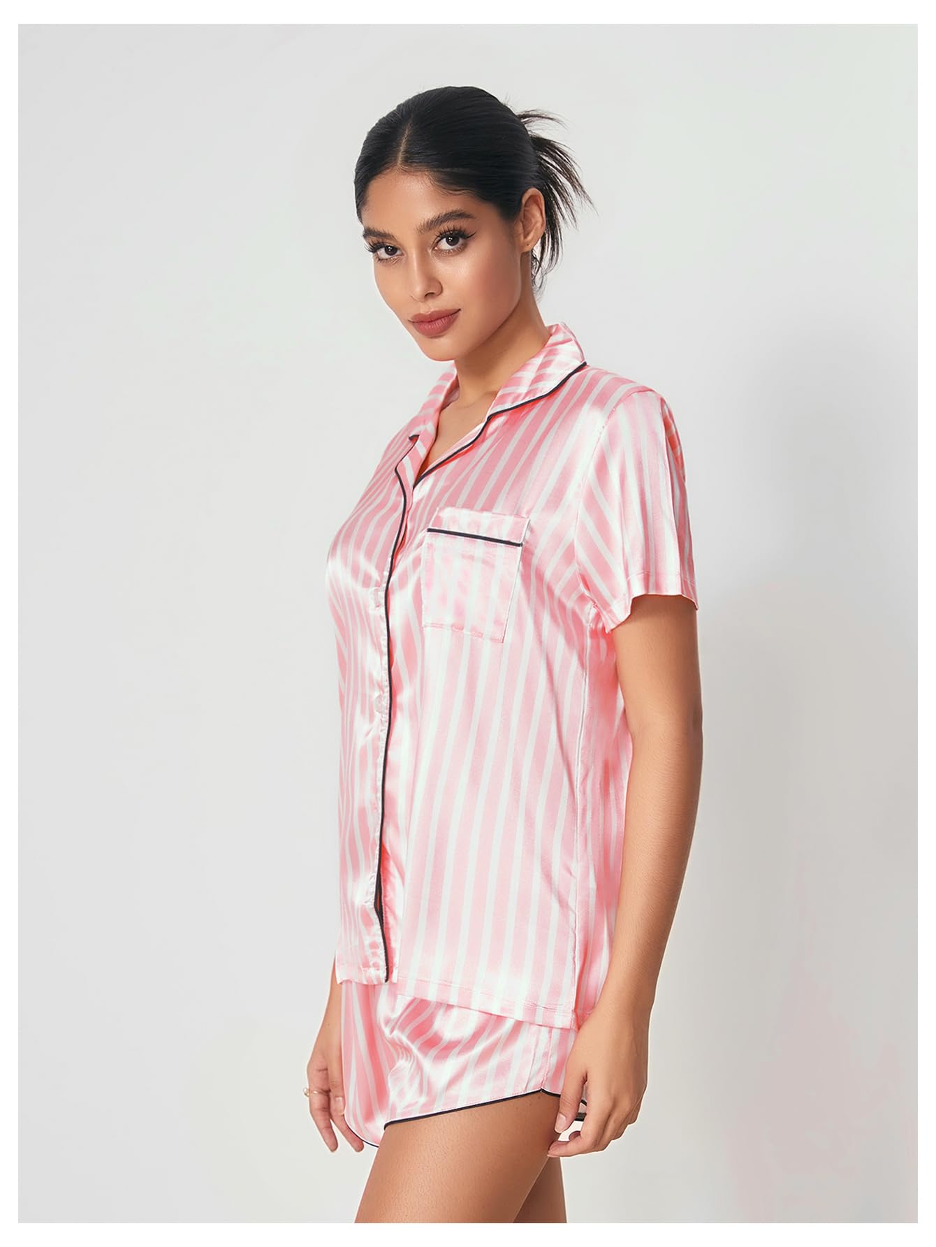 WDIRARA Women's Sleepwear Satin Short Sleeve Shirt and Shorts Pajama Set Striped Pink M
