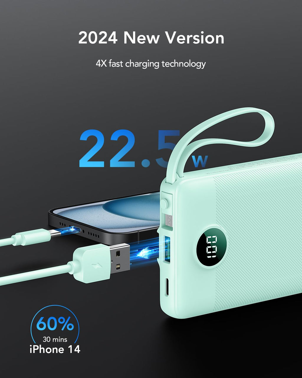 VRURC Portable Charger with Cables for iPhone, 22.5W Fast Charging USB C Power Bank 10000mAh, Compact Cell Phone Battery Pack with Cords for iPhone 17 16 15 14 13,Samsung Galaxy-Green(1 Pack)