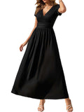 Gracyoga Womens Black Empire Waist Dress Fall Midi Smocked Swing Dresses Vintage V Neck High Waist Casual Long Dinner Outfit for Teacher L