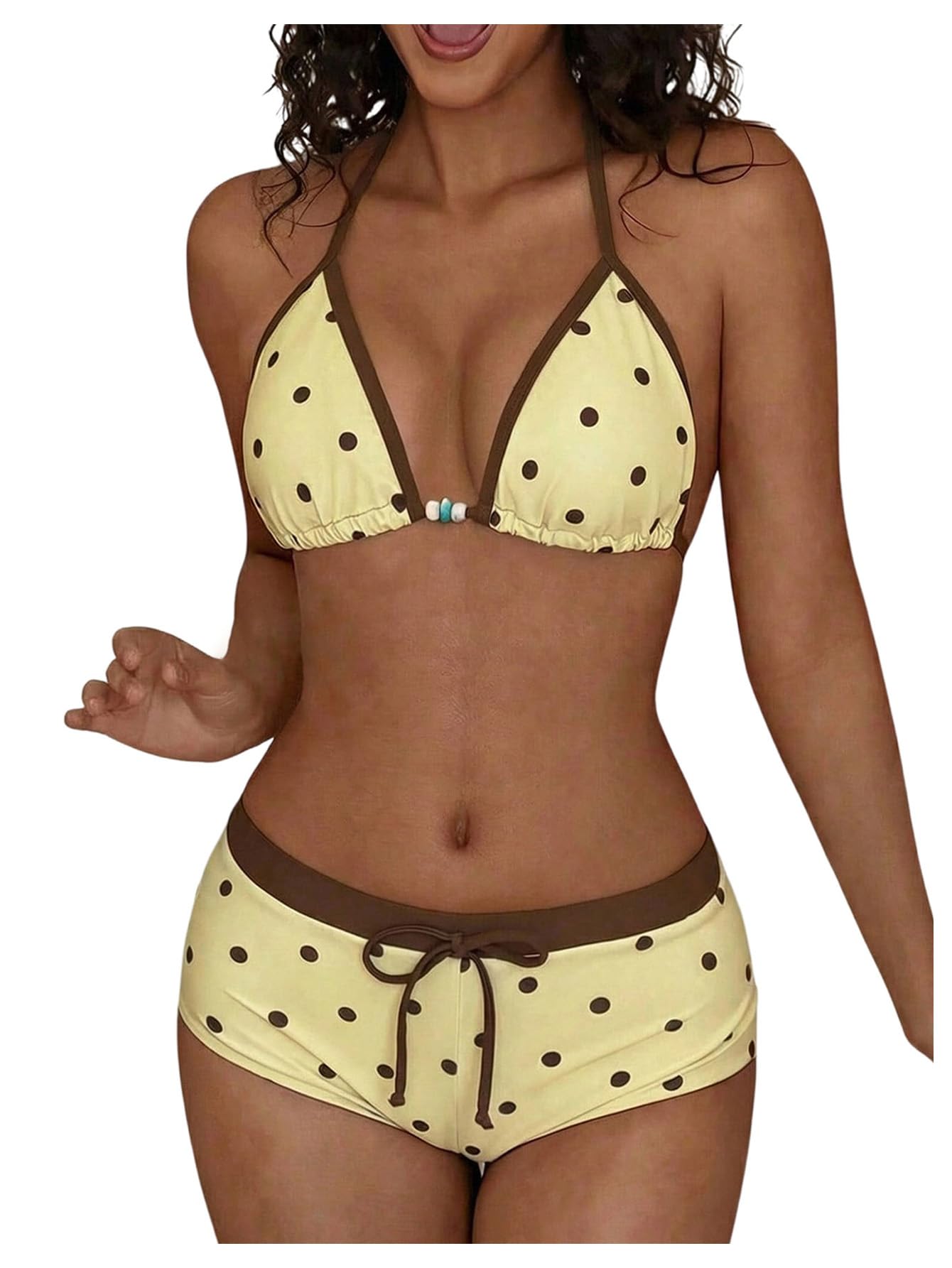 WDIRARA Women's Polka Dots 2 Piece Swimsuit Triangle Halter Bikini Set Boyshorts Bathing Suit Light Yellow Medium