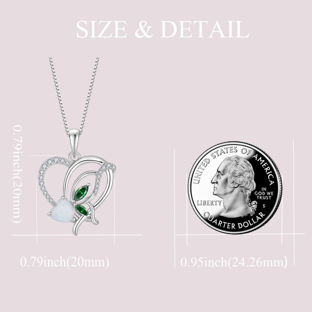 YIFSIY Opal Heart Necklace for Women 925 Sterling Silver Butterfly Pendant Emerald Birthstone May Jewelry Gifts