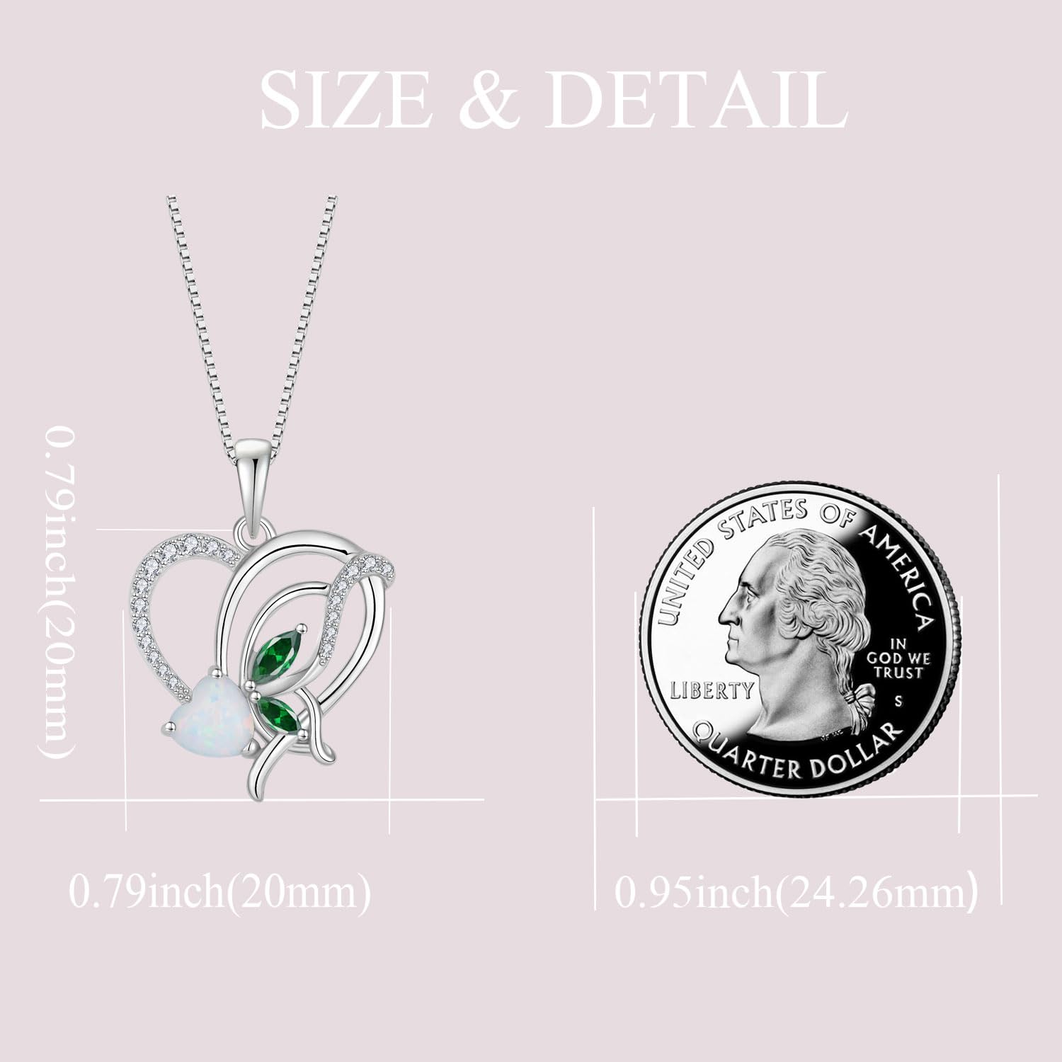 YIFSIY Opal Heart Necklace for Women 925 Sterling Silver Butterfly Pendant Emerald Birthstone May Jewelry Gifts