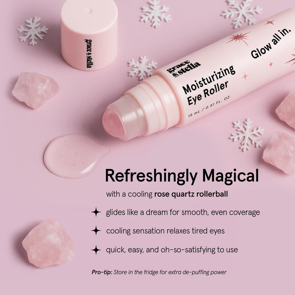 grace & stella Under Eye Brightener with Rose Quartz Rollerball - Hyaluronic Acid & Caffeine Eye Serum for Dark Circles & Puffiness - Travel Size Toiletries, Womens Christmas Gifts (15ml / 0.51floz)