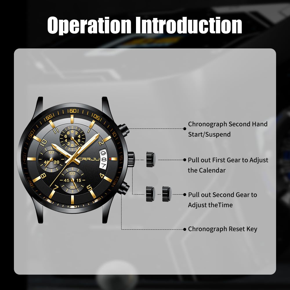 CRRJU Watches for Men,Fashion Luxury Casual Stainless Steel Japan Movement Waterproof Business Quartz Wristwatches,Man Black Golden Watch
