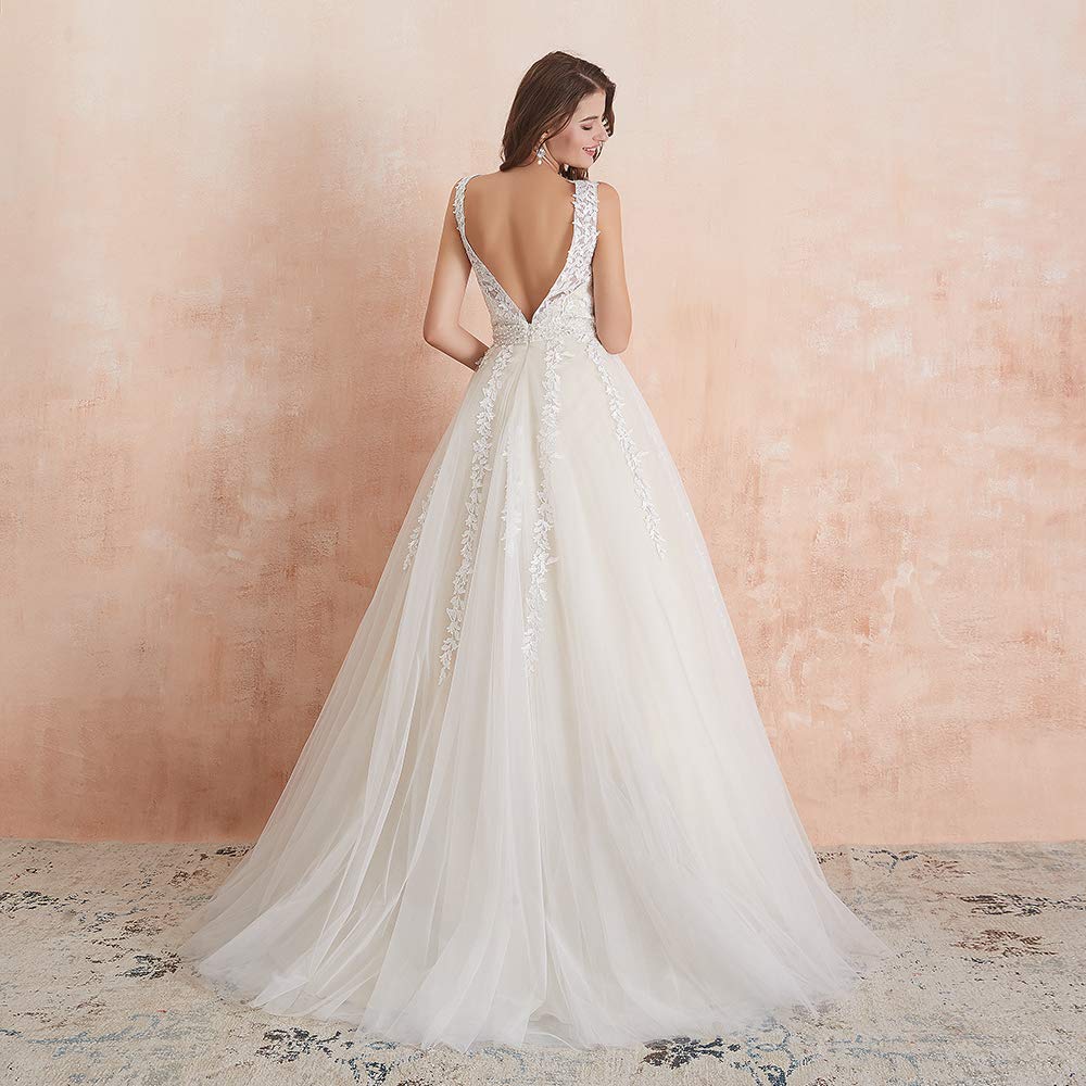 Abaowedding Women's Wedding Dress for Bride Lace Applique Evening Dress V Neck Straps Ball Gowns Ivory US 16