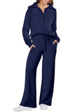 ANRABESS Women 2 Piece Outfits 2025 Fall Fashion Airport Wide Leg Pants Lounge Set Leisure Travel Vacation Clothes Sweatsuits Navy Blue Large