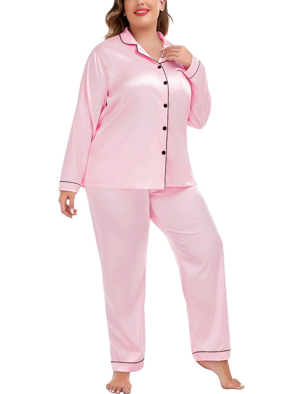 SWOMOG Women's Pajama Set Plus Size Silk Satin Pajama Set Notch Collar Sleepwear Long Sleeve Pajamas Sets for Women 18W Pink