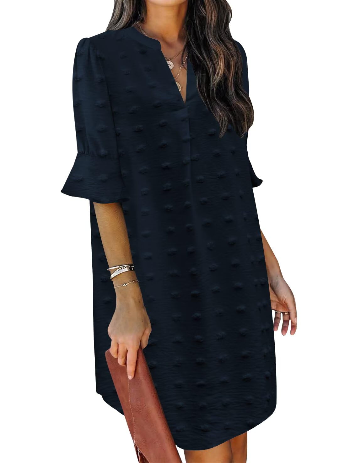QACOHU Womens Spring Summer Short Sleeve V Neck Mini Dress Chiffon Swiss Dot Flowy Short Dress Blue L