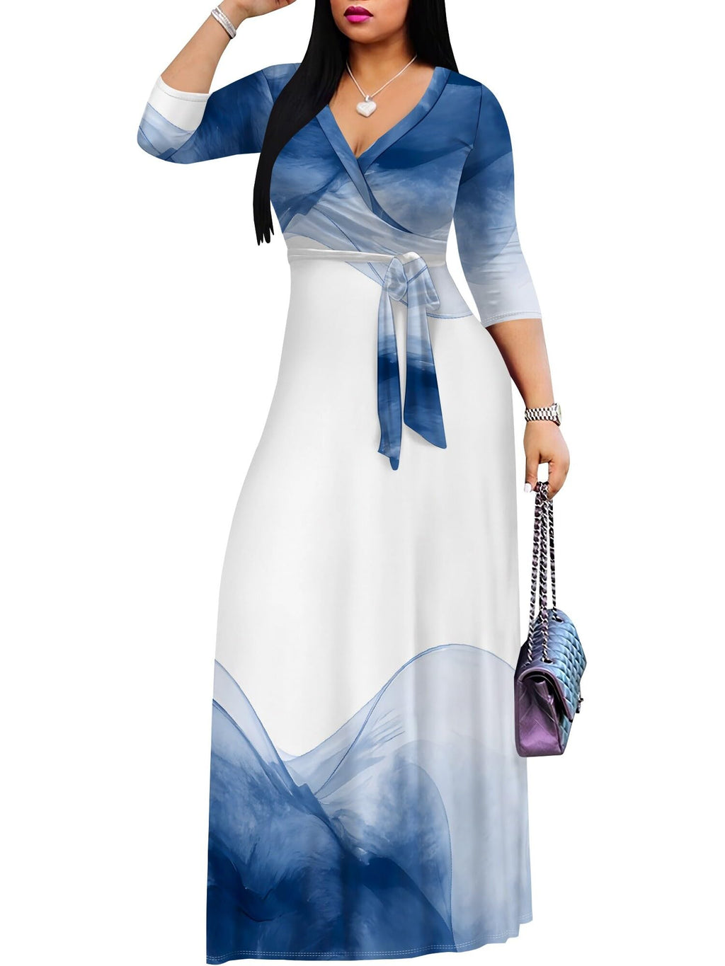 PinkPatty Plus Size Maxi Dress for Women 3/4 Sleeve V Neck Long Dress Casual Party Sundress with Belt (A-Blue White/tie-dye 2XL)
