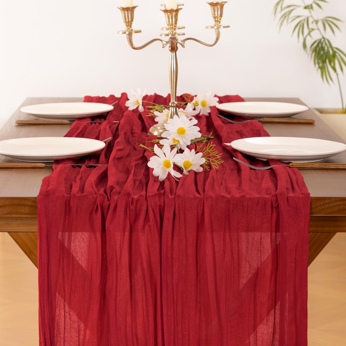 Socomi Red Cheesecloth Table Runner Valentine's Day Boho Rustic Gauze 120 inch 10FT Cheese Cloth Runner for Wedding Party Baby Shower Birthday Home Decor Holiday Decorations