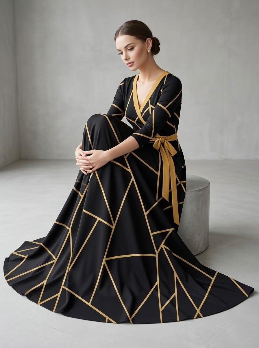 PinkPatty Plus Size Maxi Dress for Women 3/4 Sleeve V Neck Long Dress Casual Party Sundress with Belt (A-Gold-Striped Patchwork/Black 2XL)