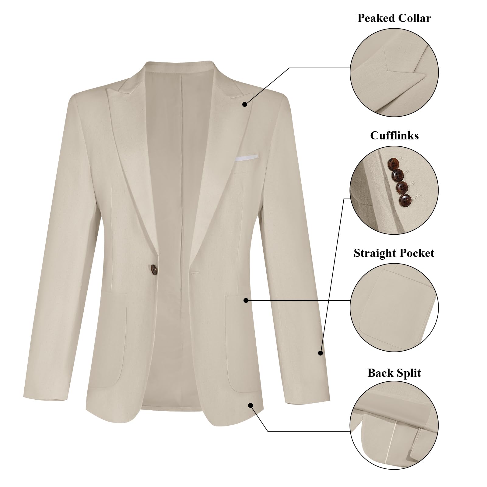 Diaryan Linen Men Suit Beige 2 Piece One Button Classic Fit Dress Suit Solid Jacket and Trousers Set for Wedding Business XS