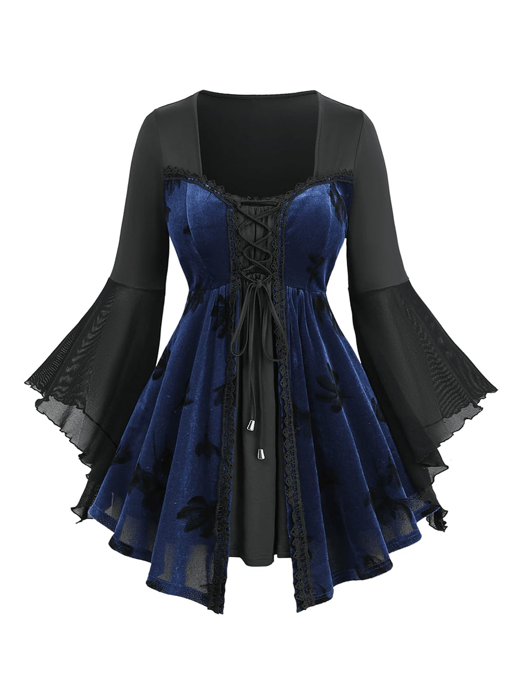 ROSE GAL Plus Size Women Lace-up Color Block Long Bell Sleeve Swing Top(Black/L)