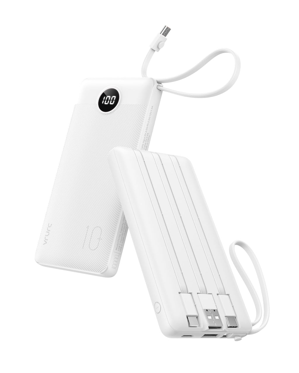 VRURC Portable Charger Built in Cables, Slim Power Bank 10000mAh, Multi Devices Charging Bank with Lanyard, USB C Battery Pack 5 Outputs for iPhone 17 Pro 17 16 15 14 13, Samsung Phones-White(1 Pack)