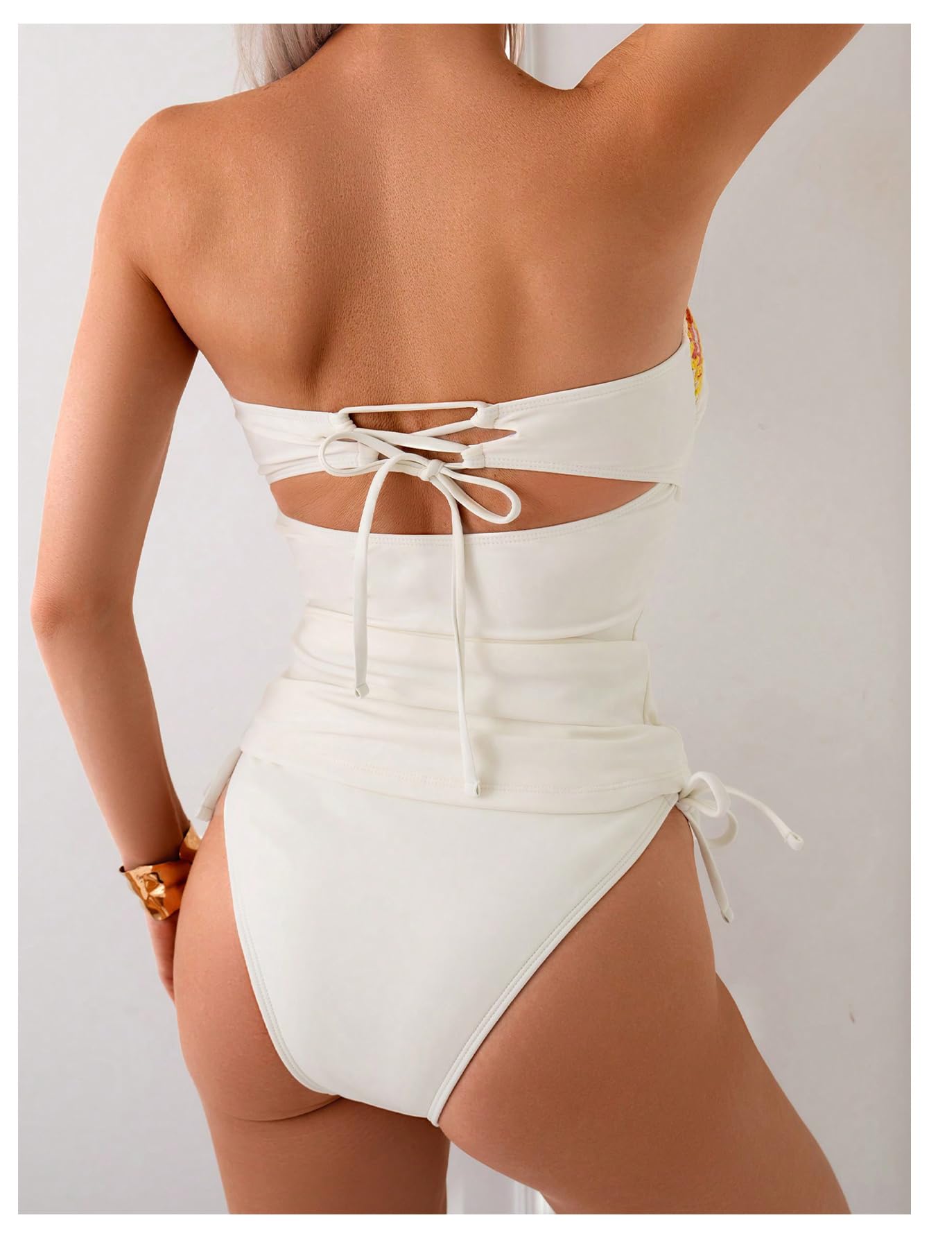 WDIRARA Women's 2 Piece Floral Strapless Tankini Swimsuits High Waisted Thong Bathing Suit Beige X-Large