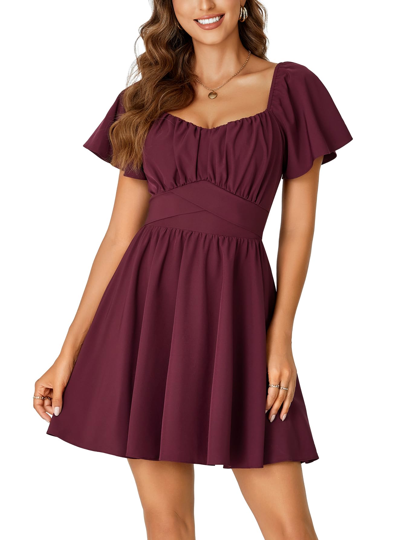 Rooscier Women's Tie Back Square Neck Wrap Ruffle Short Sleeve Flare Mini Dress Wine Red Medium