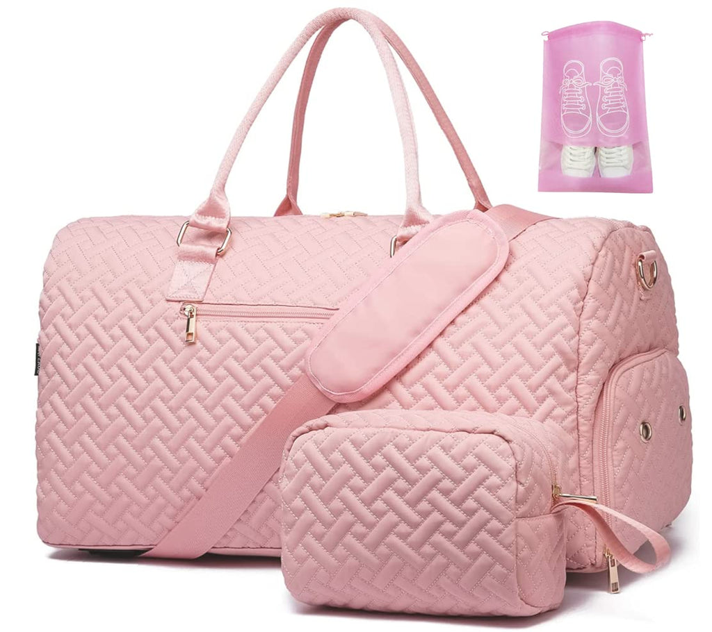 Duffle Bag for Travel, Weekender Bag with Shoe Compartment, Carry On Overnight Bag for Women with Toiletry Bag, 50L Gym Bag with Wet Pocket, Hospital Bags for Labor and Delivery Pink