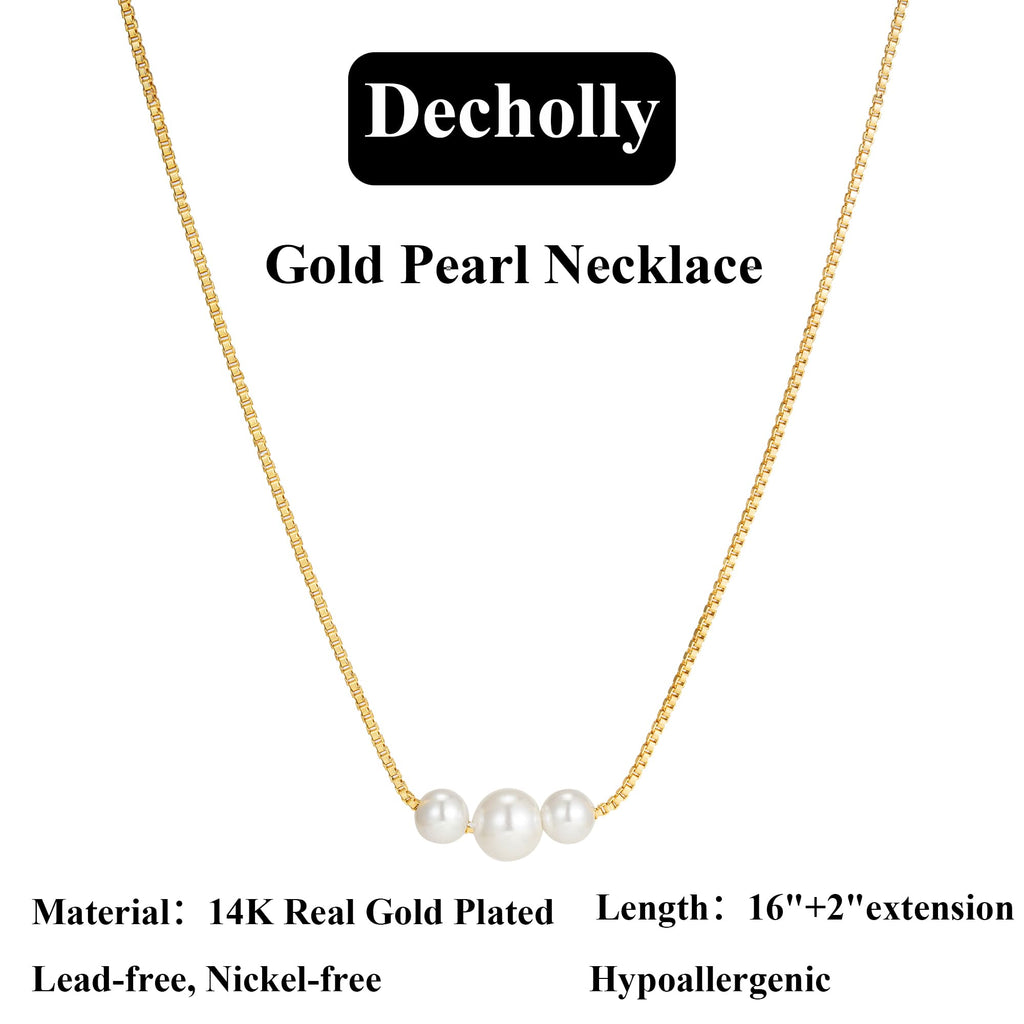 Decholly Mothers Day Gifts for Mom Gold Pearl Necklaces for Women Trendy, 14K Gold Plated Dainty Necklace Simple Pearl Necklace Women's Jewelry Friend Mothers Day Birthday Wedding Jewelry Gifts for Women