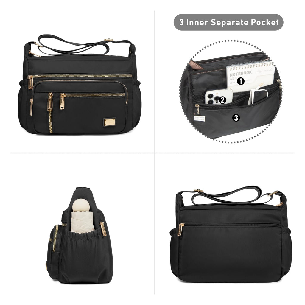 NPBAG Crossbody Bag for Women, Nylon Shoulder Purse Handbag Messenger Bag, Trendy Pocketbooks, Waterproof and Multi-Pockets (Black)
