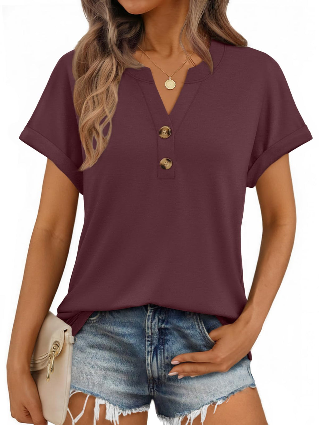 AUTOMET Womens Spring Tops 2026 Short Sleeve Shirts Henley Dressy Casual Blouses V Neck Fashion Tunics Trendy Flowy Clothing Burgundy L