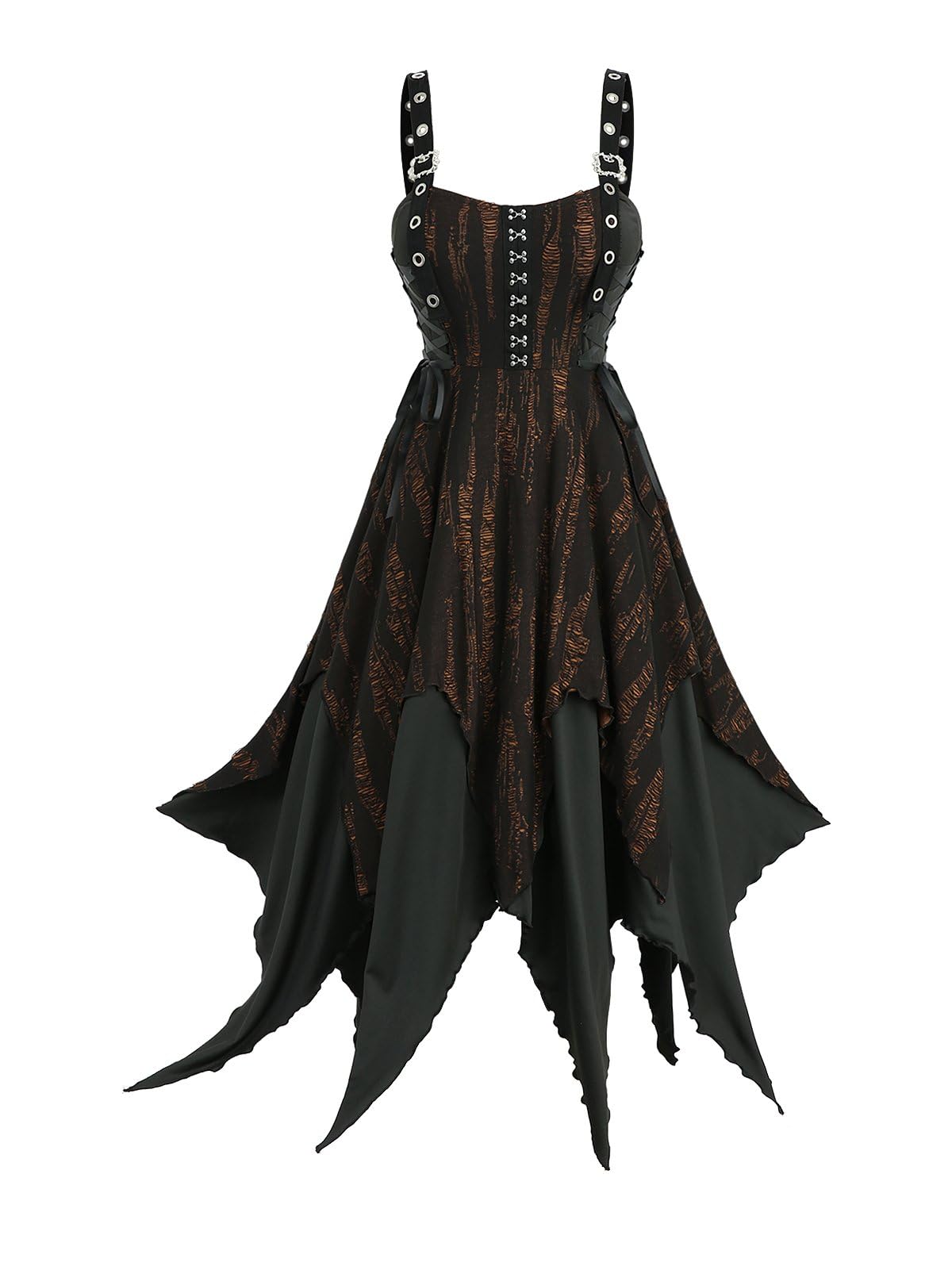 ROSE GAL Plus Size Women Goth Punk Ripped Handkerchief Dress Layered Hook-and-Eye Lace-up Buckles Grommet Midi Grunge Gothic Halloween Costume Dress(Black_1/L)